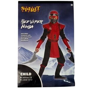 Spirit Halloween‎ Red Viper Ninja Kids Costume Large 10-12 Red Black Hood Mask